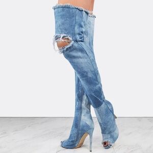 Blue Ripped Denim Peep-toe Thigh-High Boots